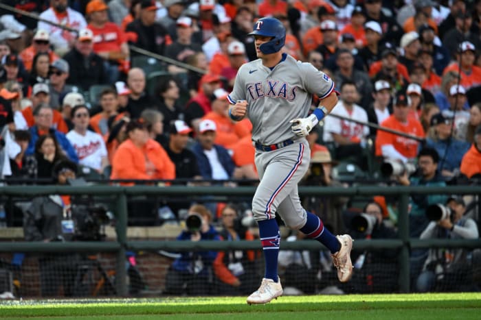 Oct 7, 2023; Baltimore, Maryland, USA; Texas Rangers third baseman Josh Jung (6) rounds the bases after hitting a home run against the Baltimore Orioles during the sixth inning in game one of the ALDS for the 2023 MLB playoffs at Oriole Park at Camden Yards. Mandatory Credit: Tommy Gilligan-USA TODAY Sports